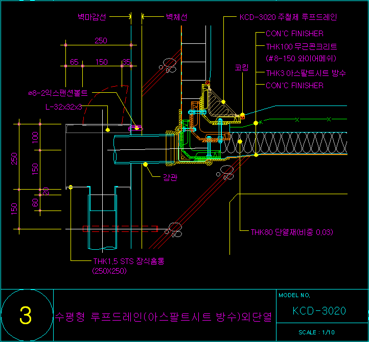 KCD3020수평형 루프드레인(cast iron roofdrain)마감높이조절형(외단열)